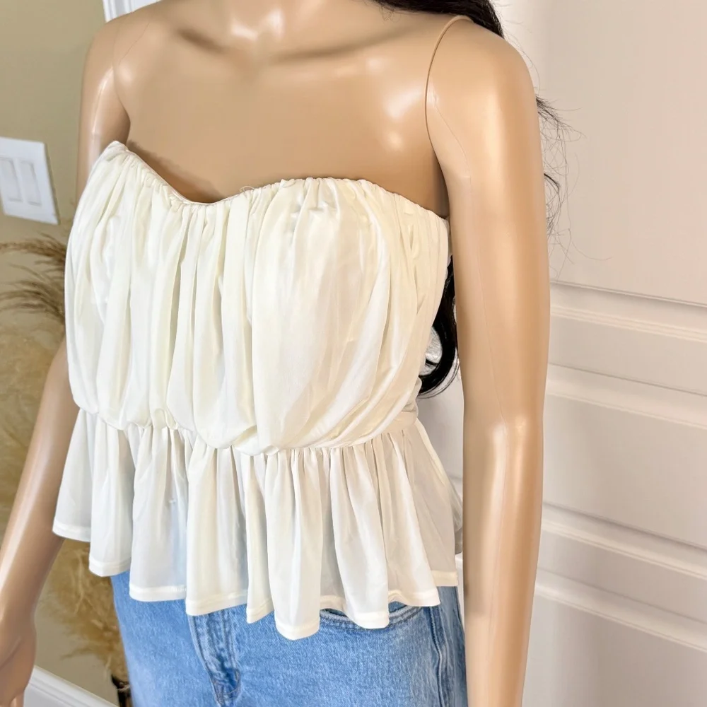 EXPRESS RUCHED STRAPLESS IVORY PEPLUM TUBE TOP - Picture 6 of 13